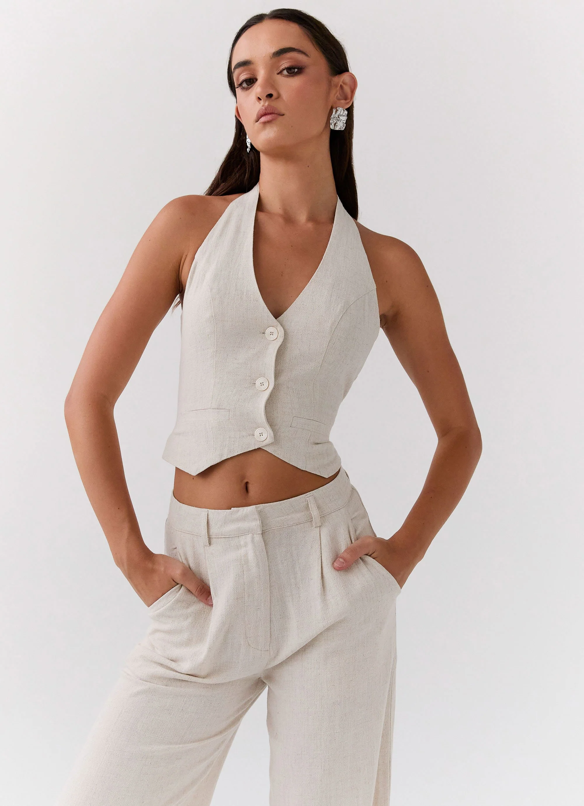 Ambrosa Halterneck Linen Vest - Oatmeal - Image 5