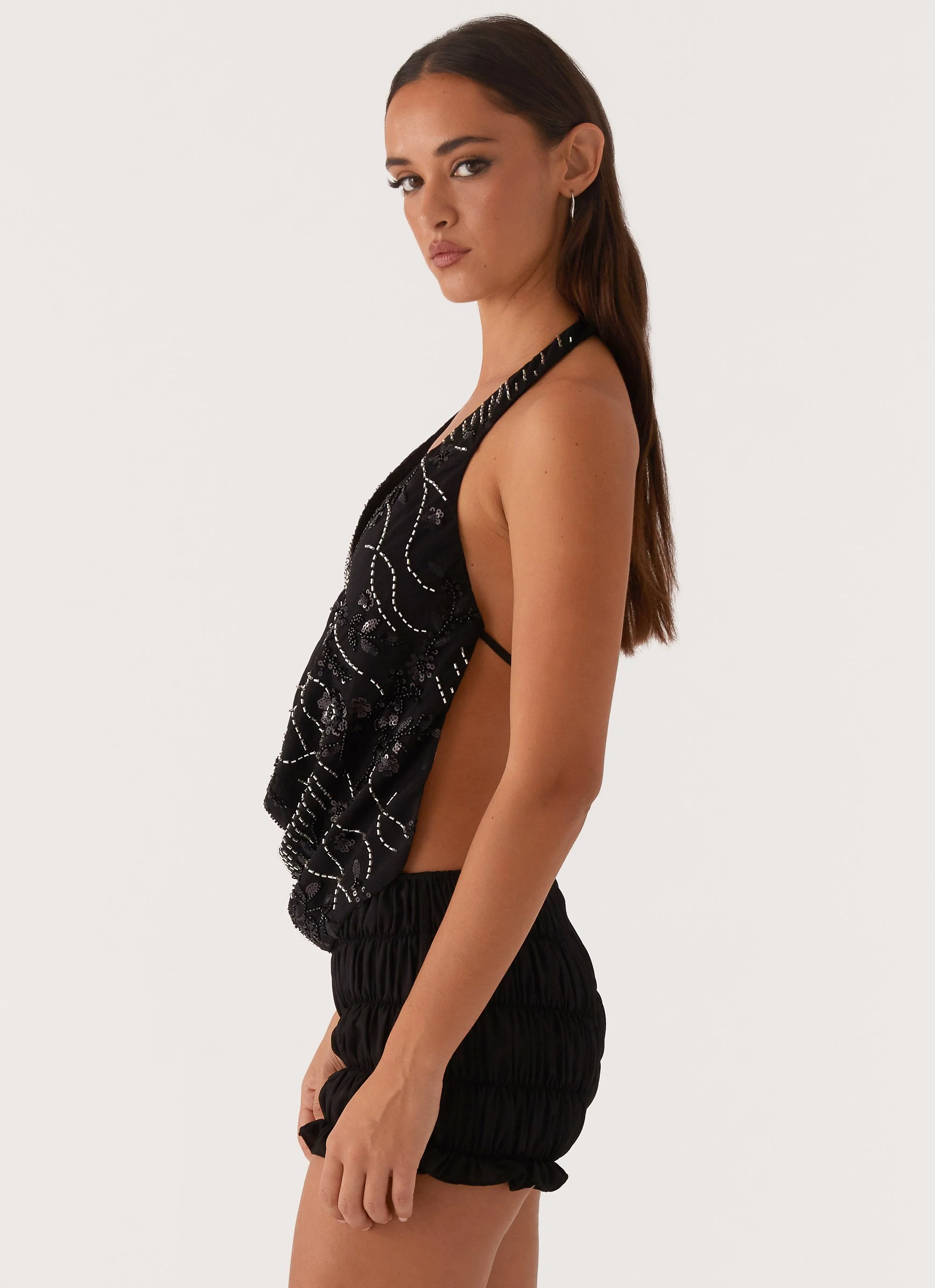 Gail Beaded Cowl Halterneck Top - Black - Image 3