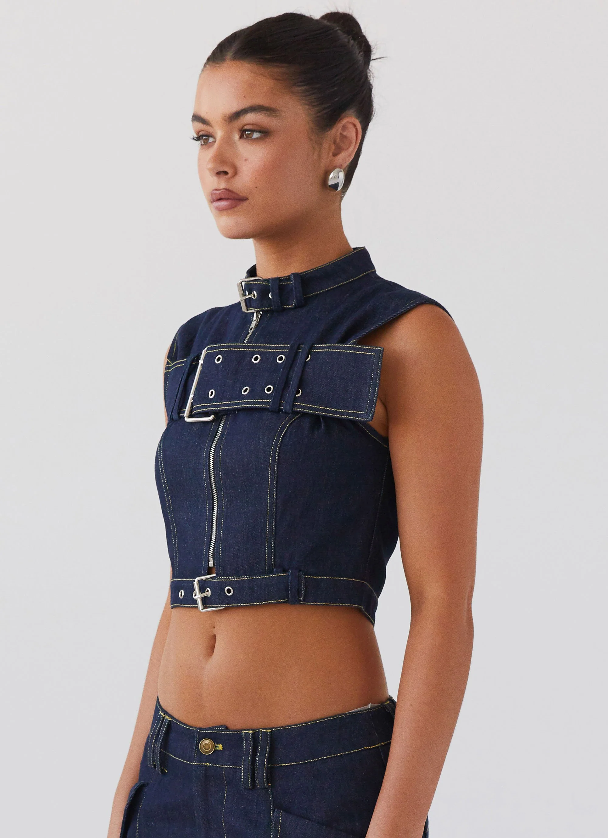Greedy Denim Buckle Top - Indigo - Image 3