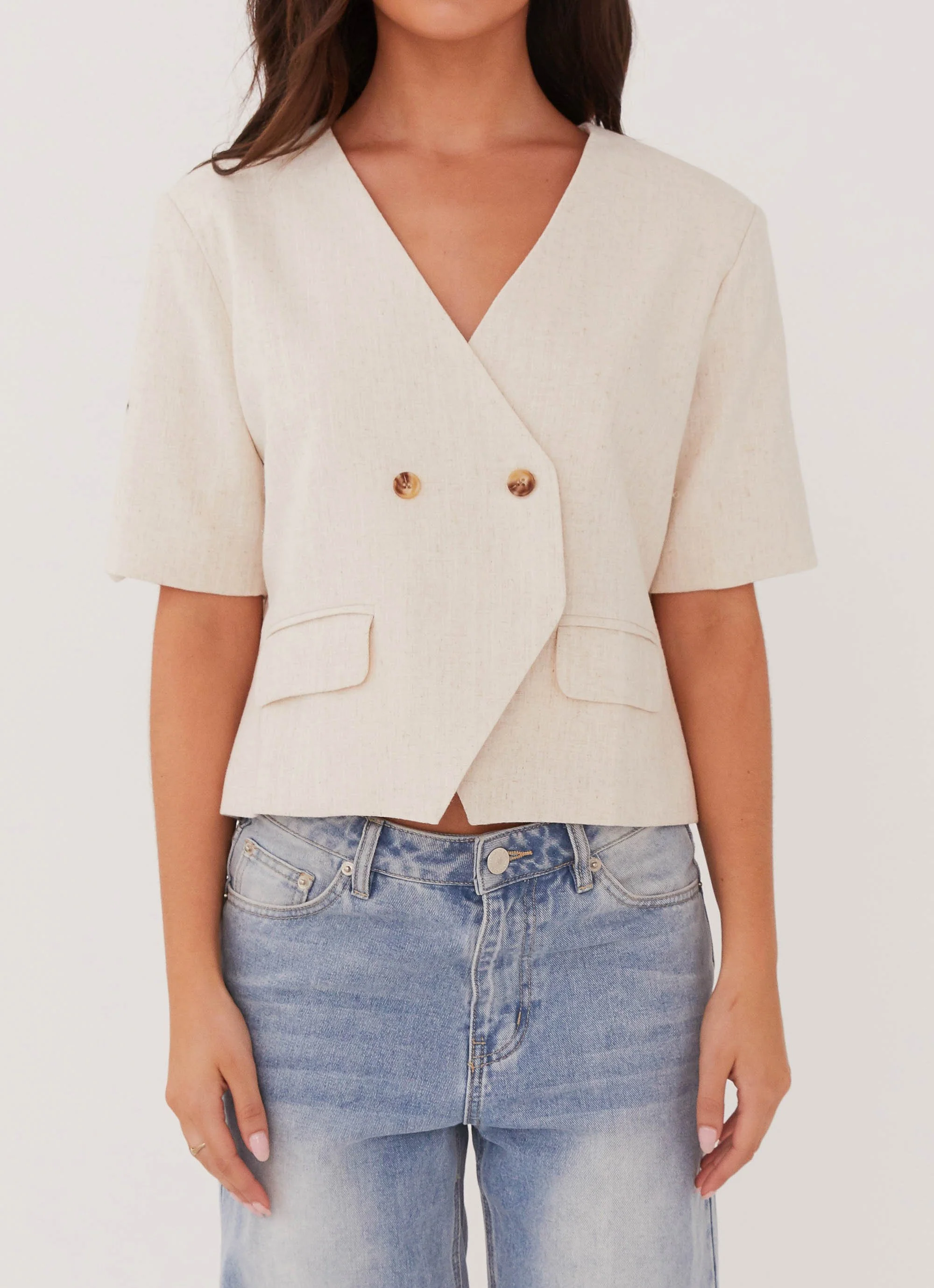 Hacienda Linen Short Sleeve Blazer - Oatmeal - Image 6