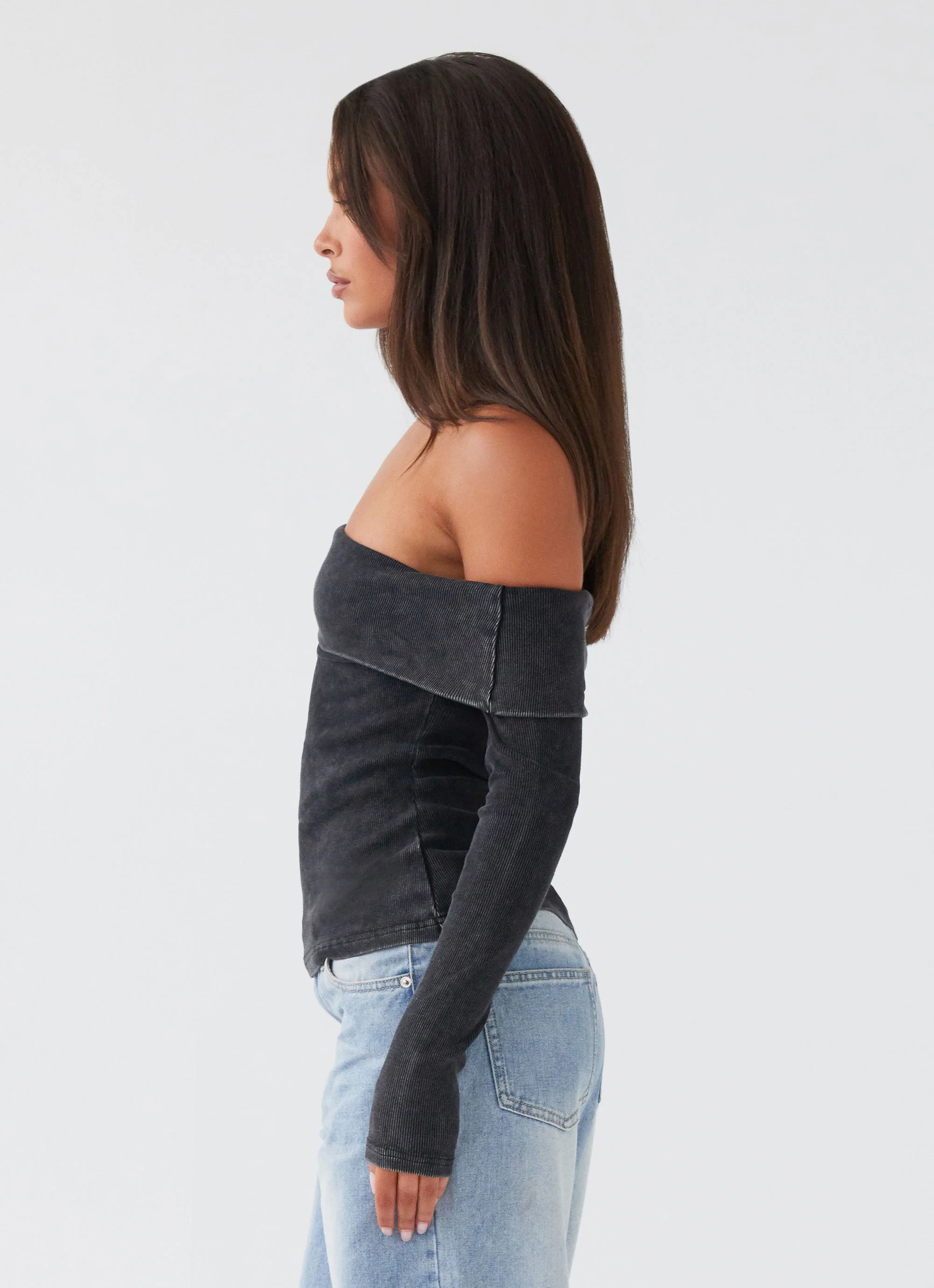 Hayley Long Sleeve Ribbed Top - Charcoal Acid Wash - Image 5