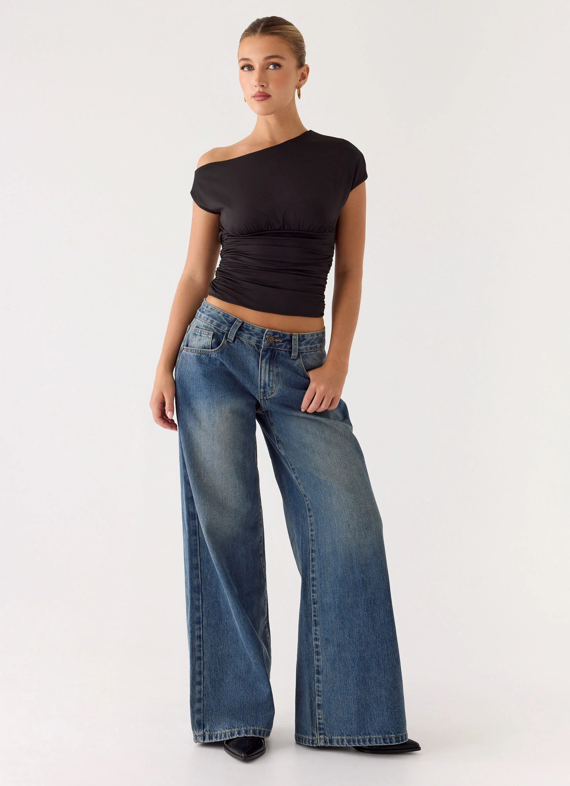 Neo Low Rise Wide Leg Denim Jeans - Vintage Blue Bleach Wash - Image 6
