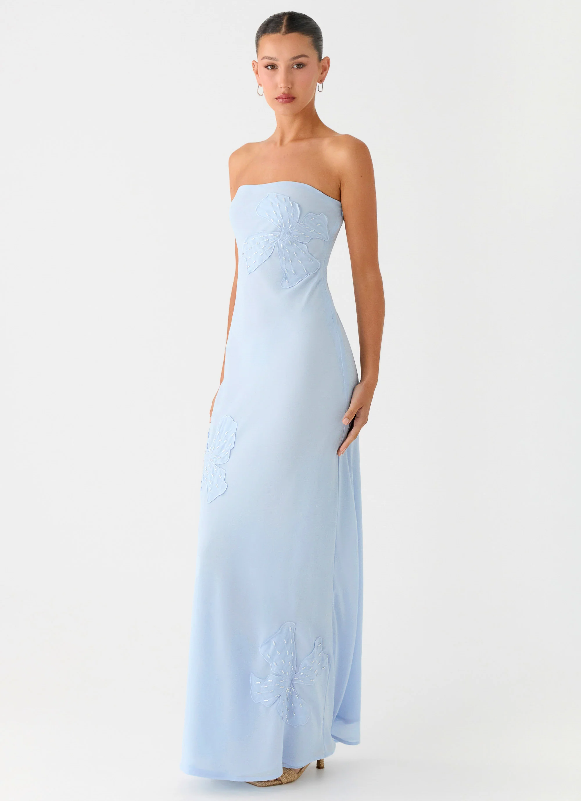 Sassafras Beaded Flower Strapless Maxi Dress - Blue - Image 4
