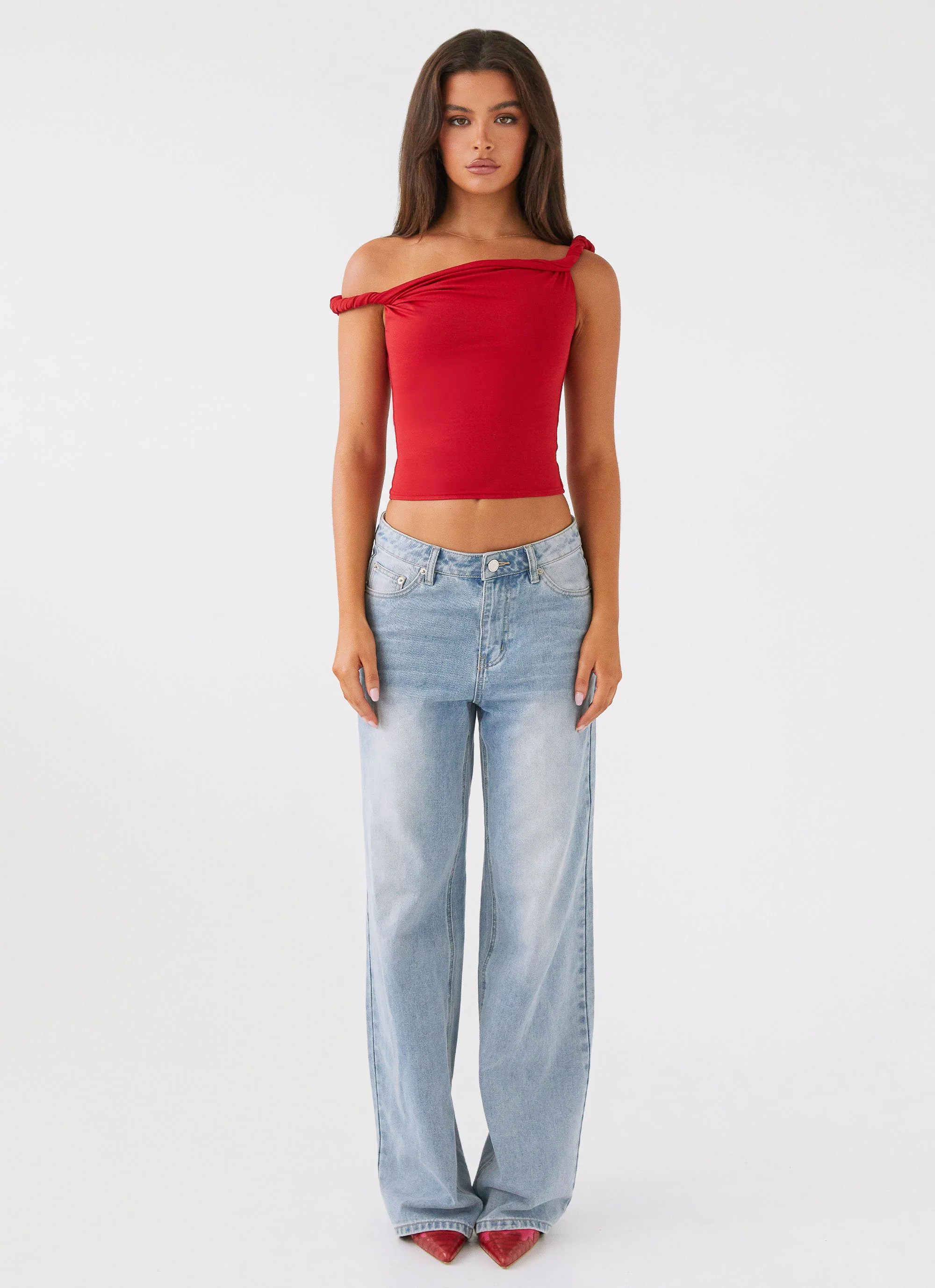 Solace Soul Twist Shoulder Top - Red - Image 2